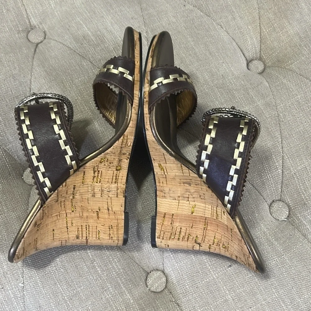 Yellow Box Gable Buckle Rhinestone Embellished Leather Cork Wedge size 9